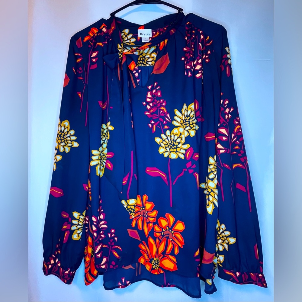 NWOT Stylus Womens Blouse Size XL Navy Blue Orange Floral Bow Tie Long Sleeve